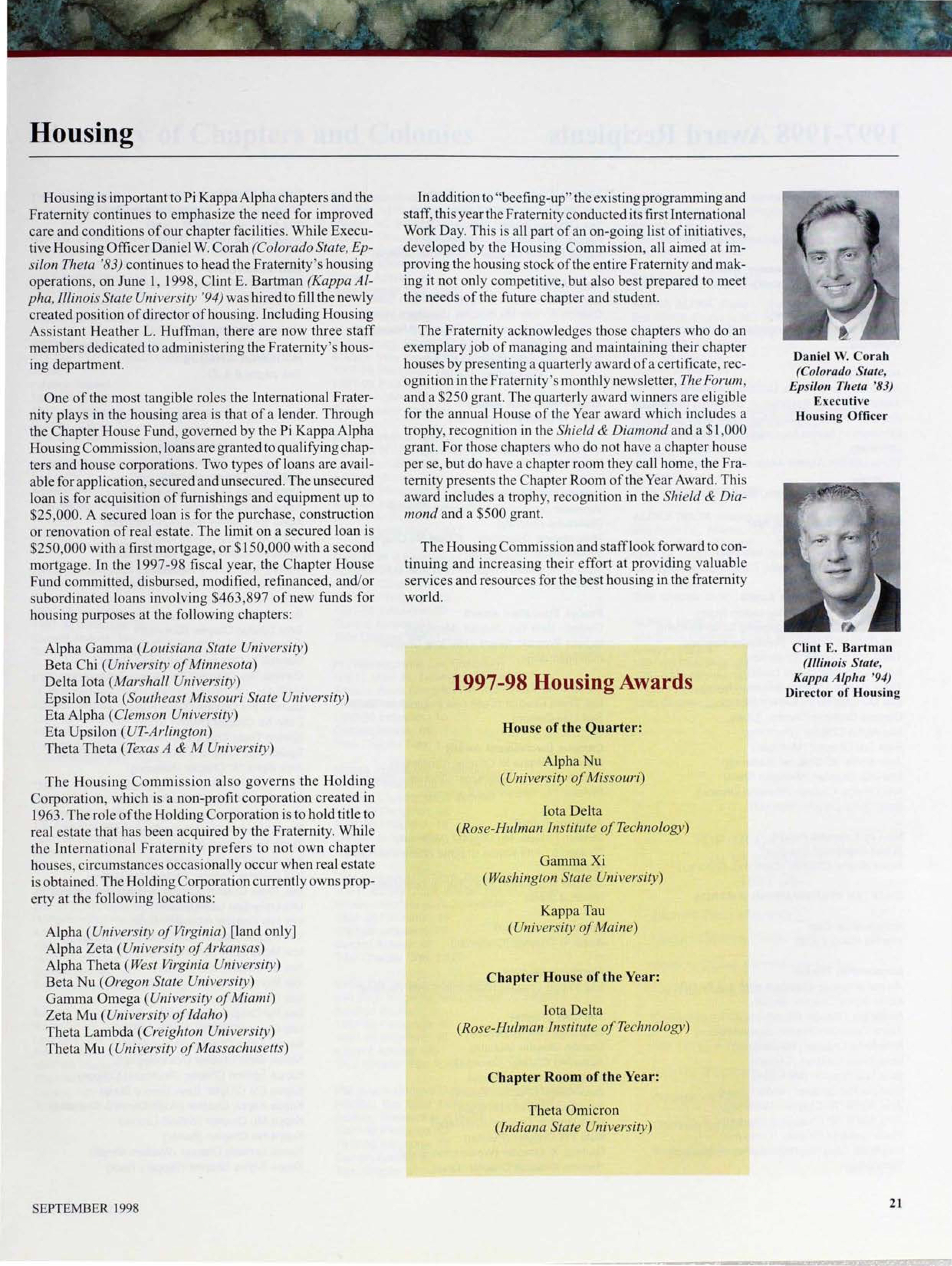 The Pi Kappa Alpha Fraternity: Housing, September 1998